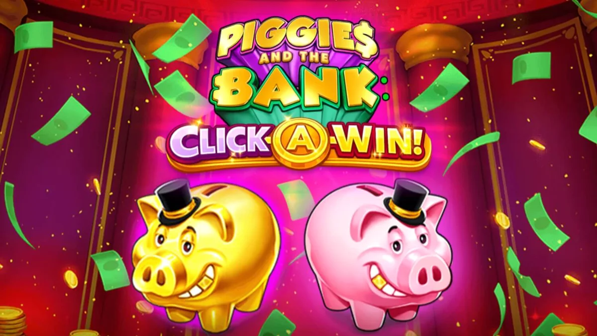 Piggies and the Bank: Click-A-Win slot interface na may piggy bank at gintong barya.
